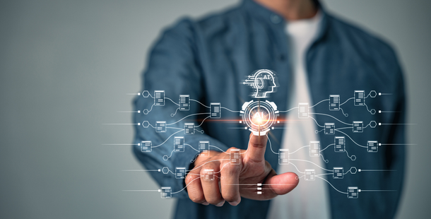Man touching a screen with AI logo in the center and line connecting to documents and more coming from the AI logo.