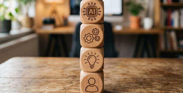 Stack of block with a human icon on the bottom block, then a light bulb icon, then gears icon, and finally the last block at the top has an AI icon.