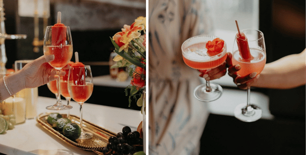 Two images of Sorbae products being served in champaign glasses during a catered event.