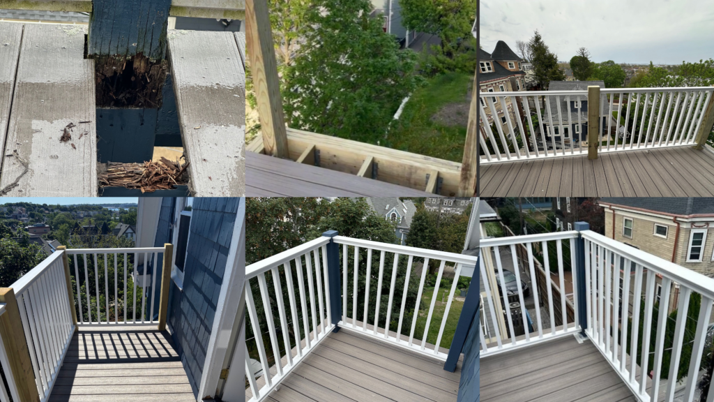 Side-by-side before and after photos of a New Chapter HI renovation, showing a damaged porch transformed into a finished space.