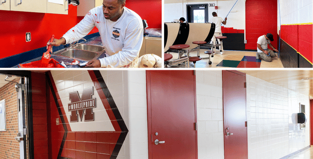 New Chapter HI crew members painting during a high school contract project, with the finished space shown below.